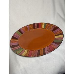 Pier 1 Wavy Multi Color Hand Painted Stoneware Oval Serving Platter 16"